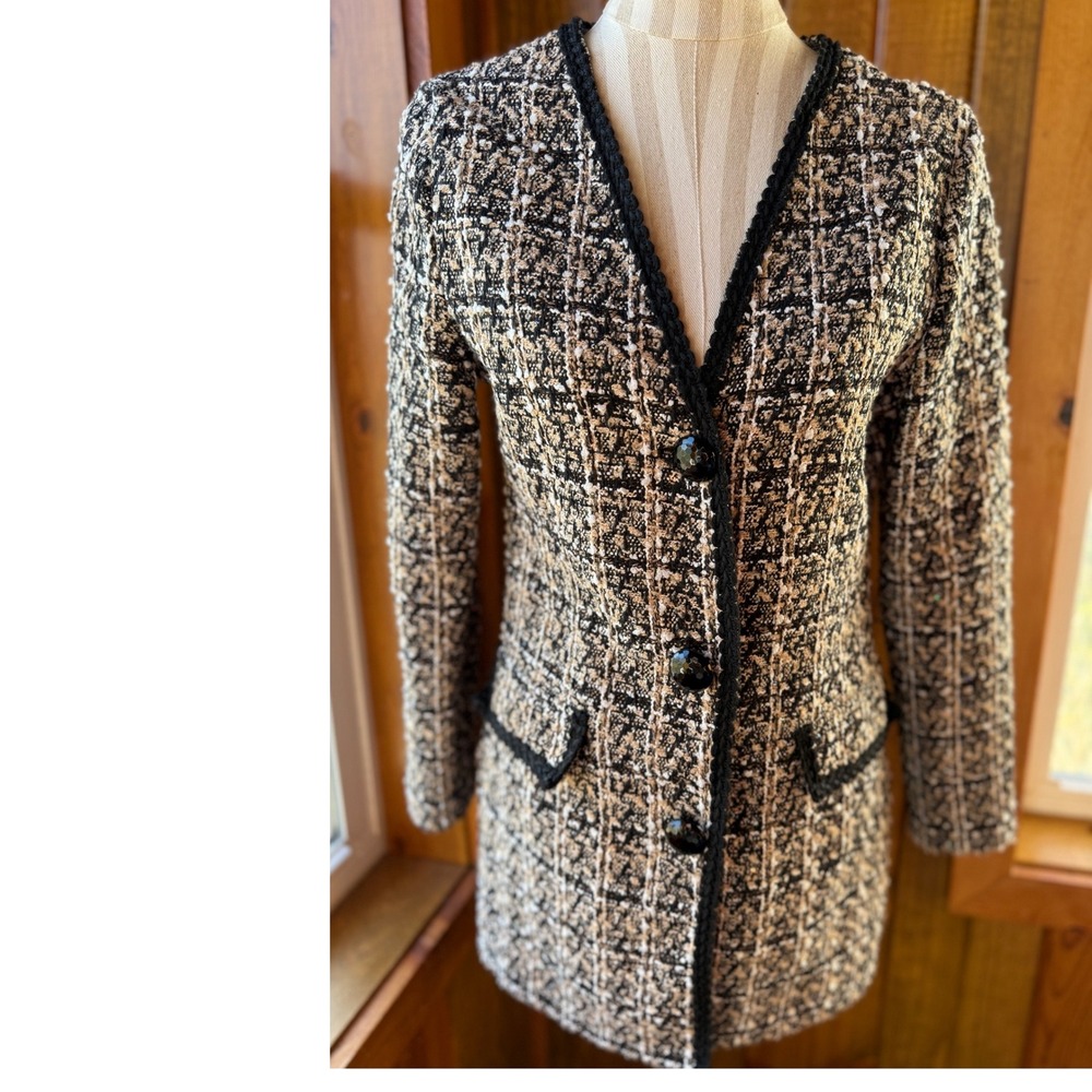 SHEIN Women's Black Tan Tweed BlazerJacket Button Front  Neck Long Sleeve Size S